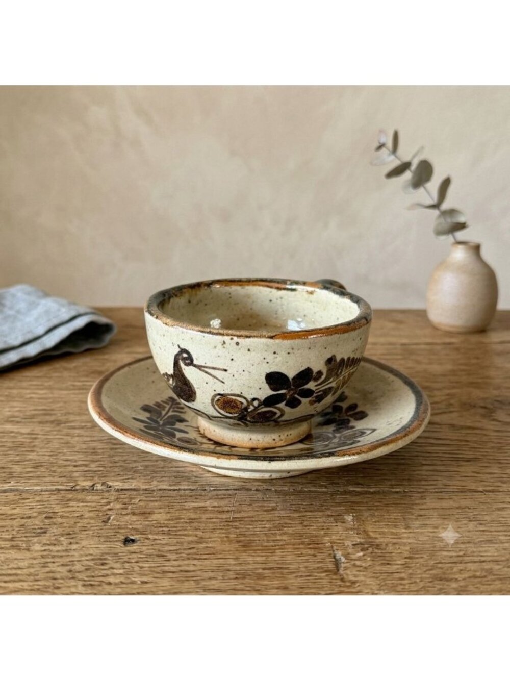 Vintage Tonala Mexico Studio Pottery Cup Saucer Set Signed S Lucas Bird 5.5" - Picture 1 of 16